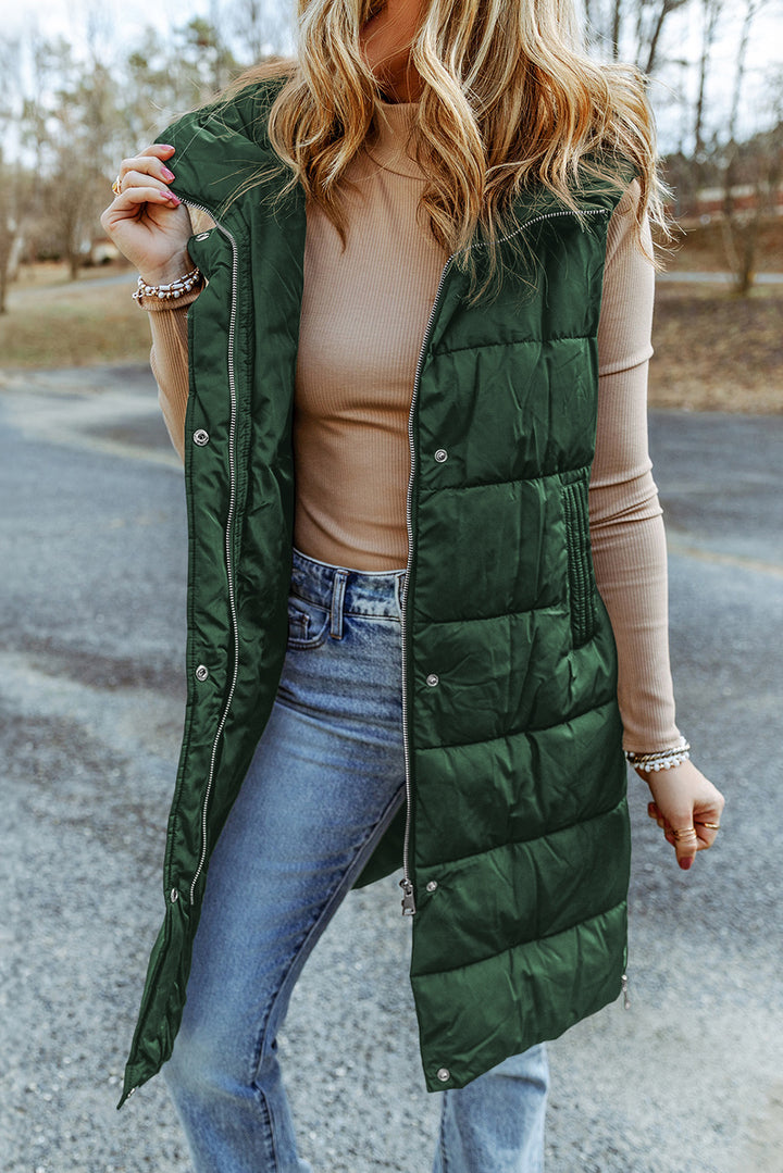 Green Hooded Pocketed Quilted Long Vest Coat