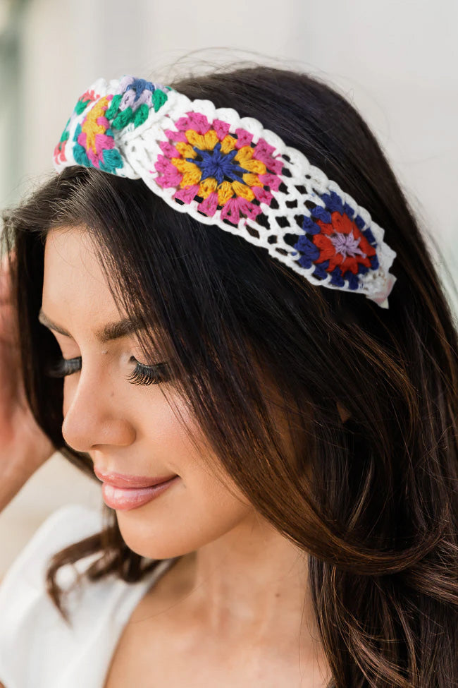 White Floral Knitted Bohemian Wide Headband