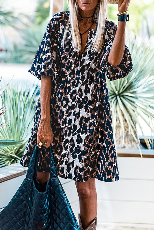 Black Leopard Lantern Sleeve Button Up Mini Dress