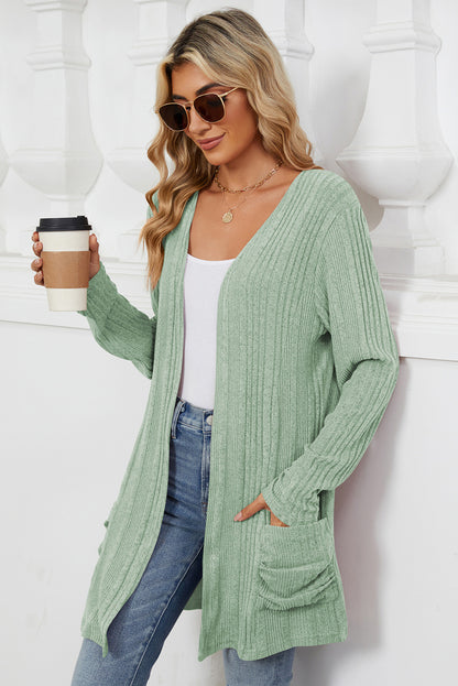 Smoke Green Knit Pocket Open Front Cardigan