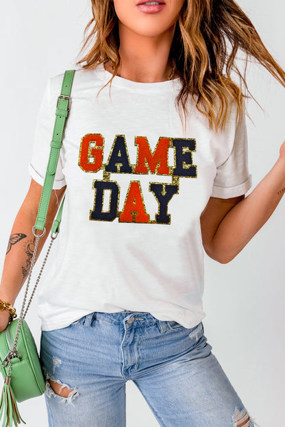 White GAME DAY Glitter Detail Round Neck T Shirt