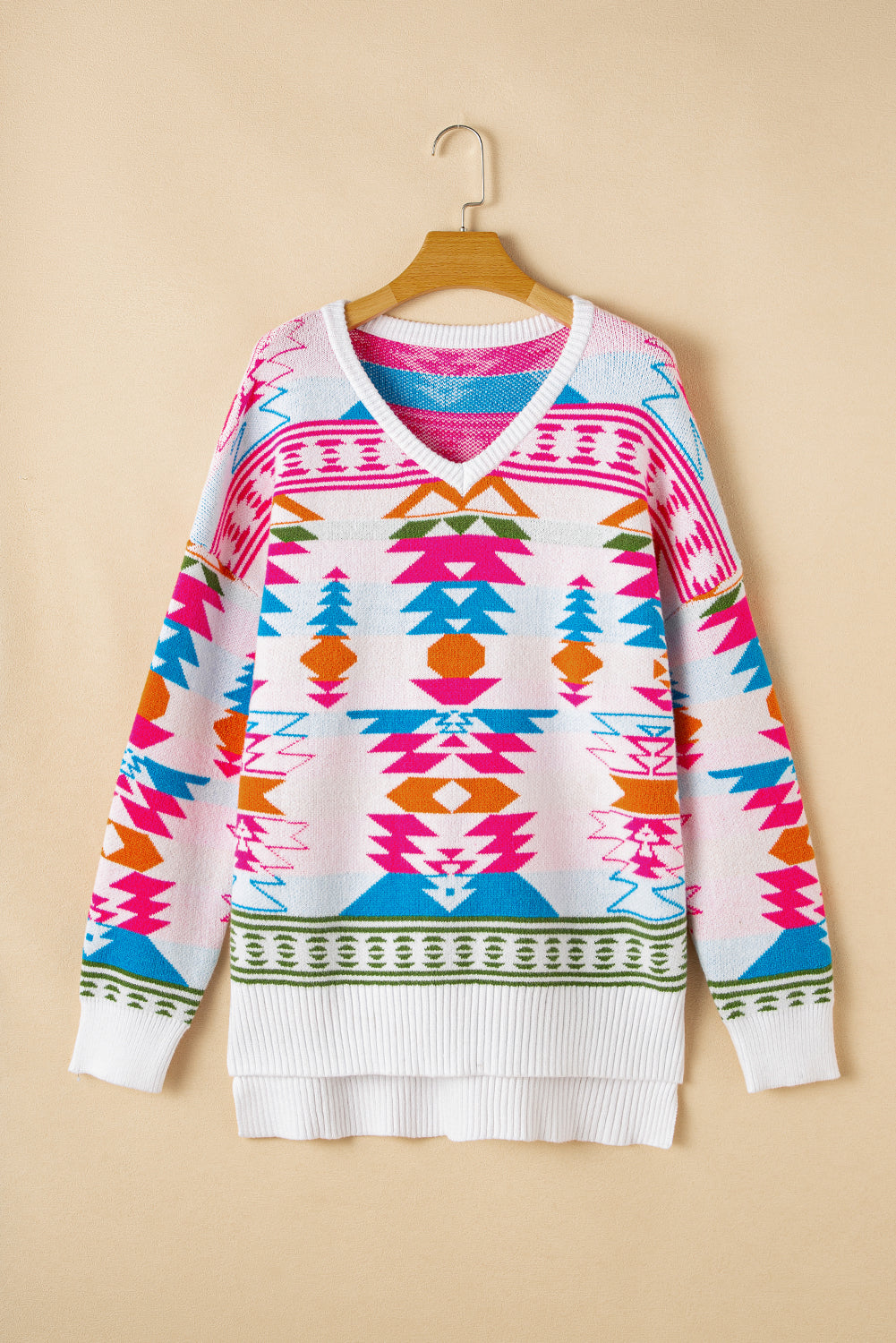 White Oversized Geometric Print High Low V Neck Sweater