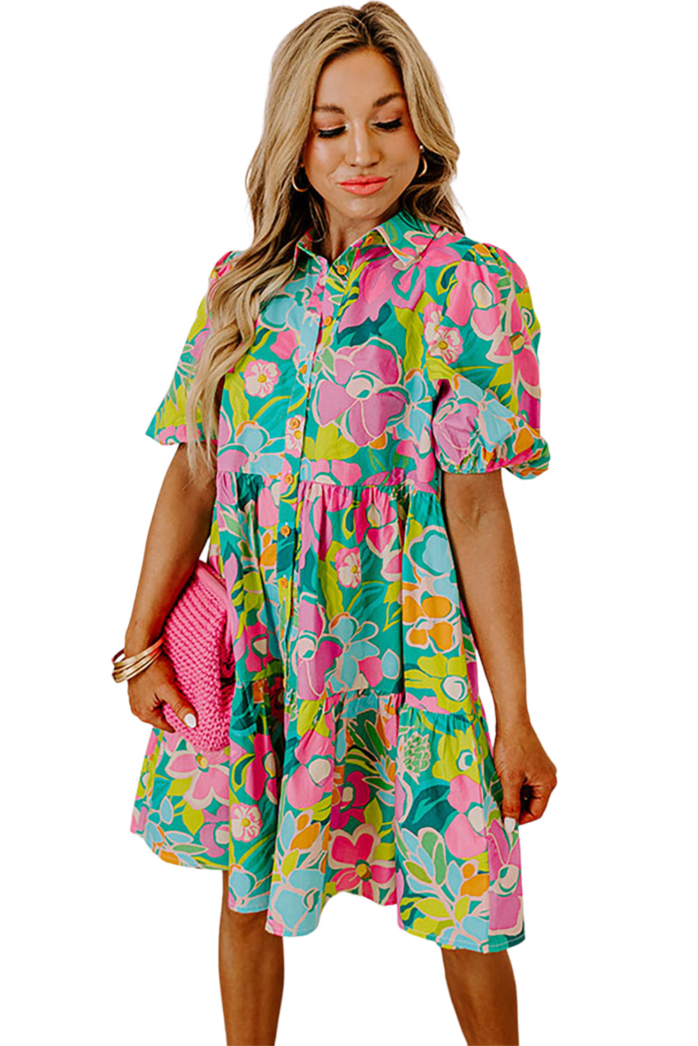 Green Floral Puff Sleeve Buttoned Babydoll Dress