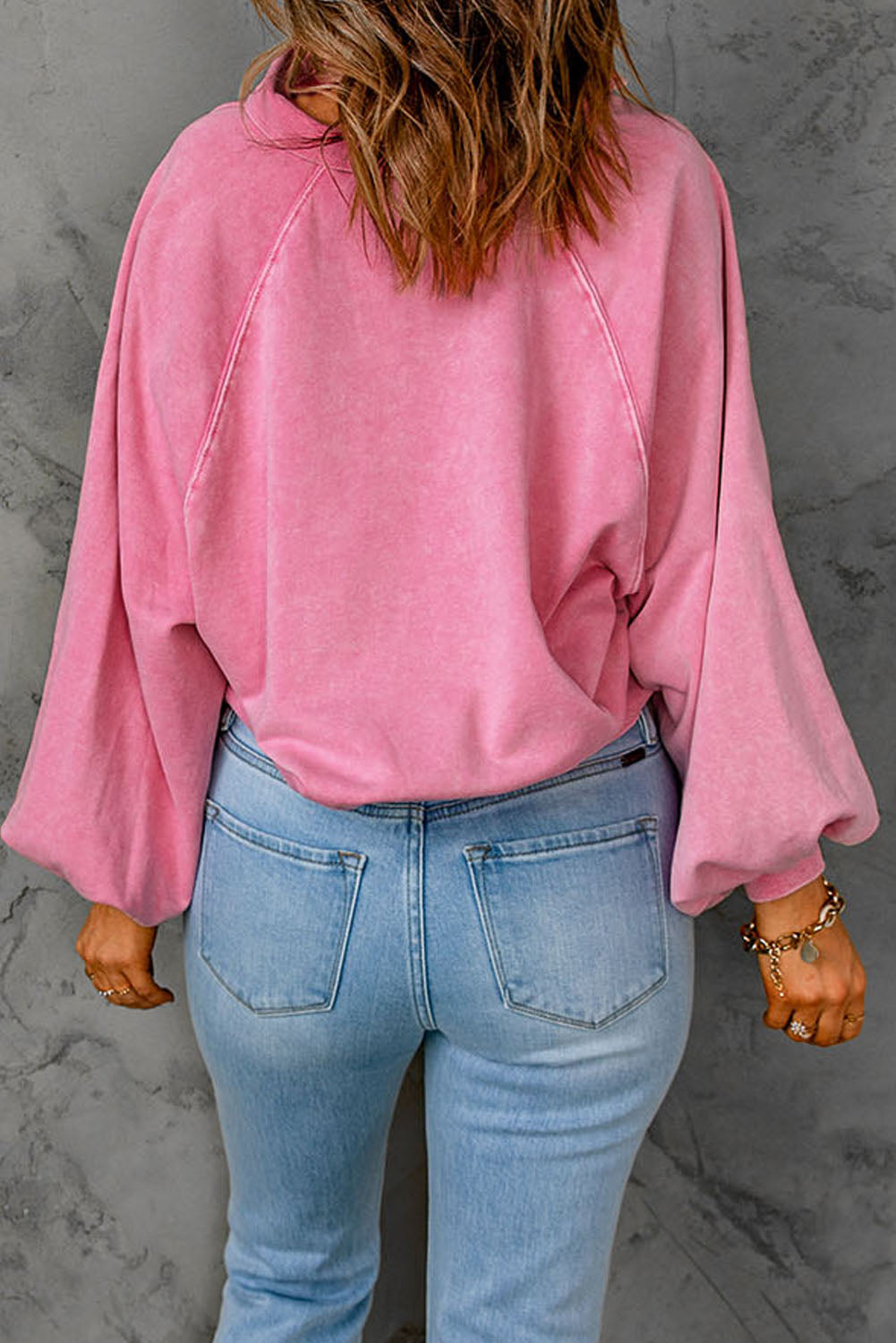 Pink Casual Washed Snap Button Pullover Sweatshirt