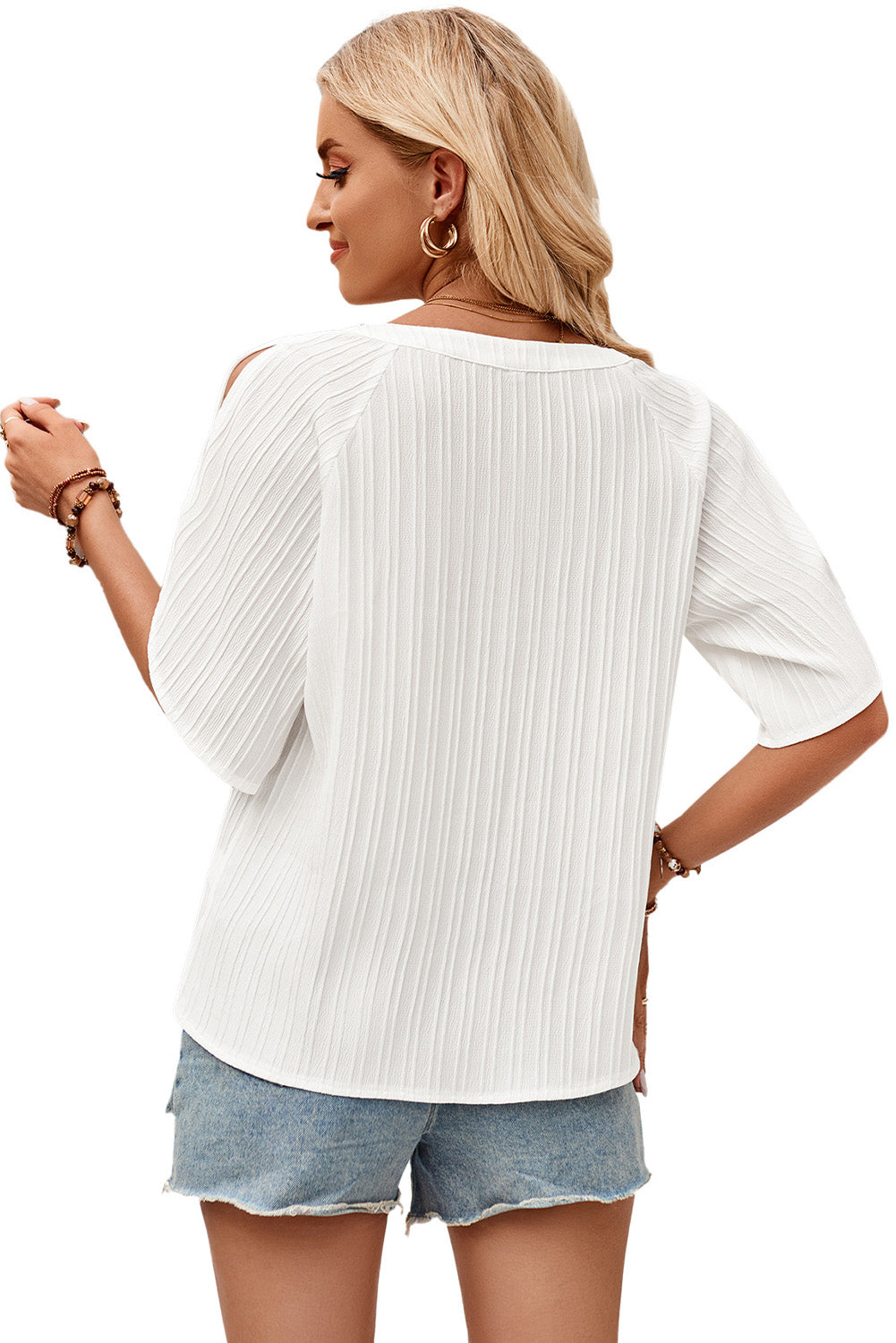 White Solid Color V-Neck Slim Hollow Out Blouse