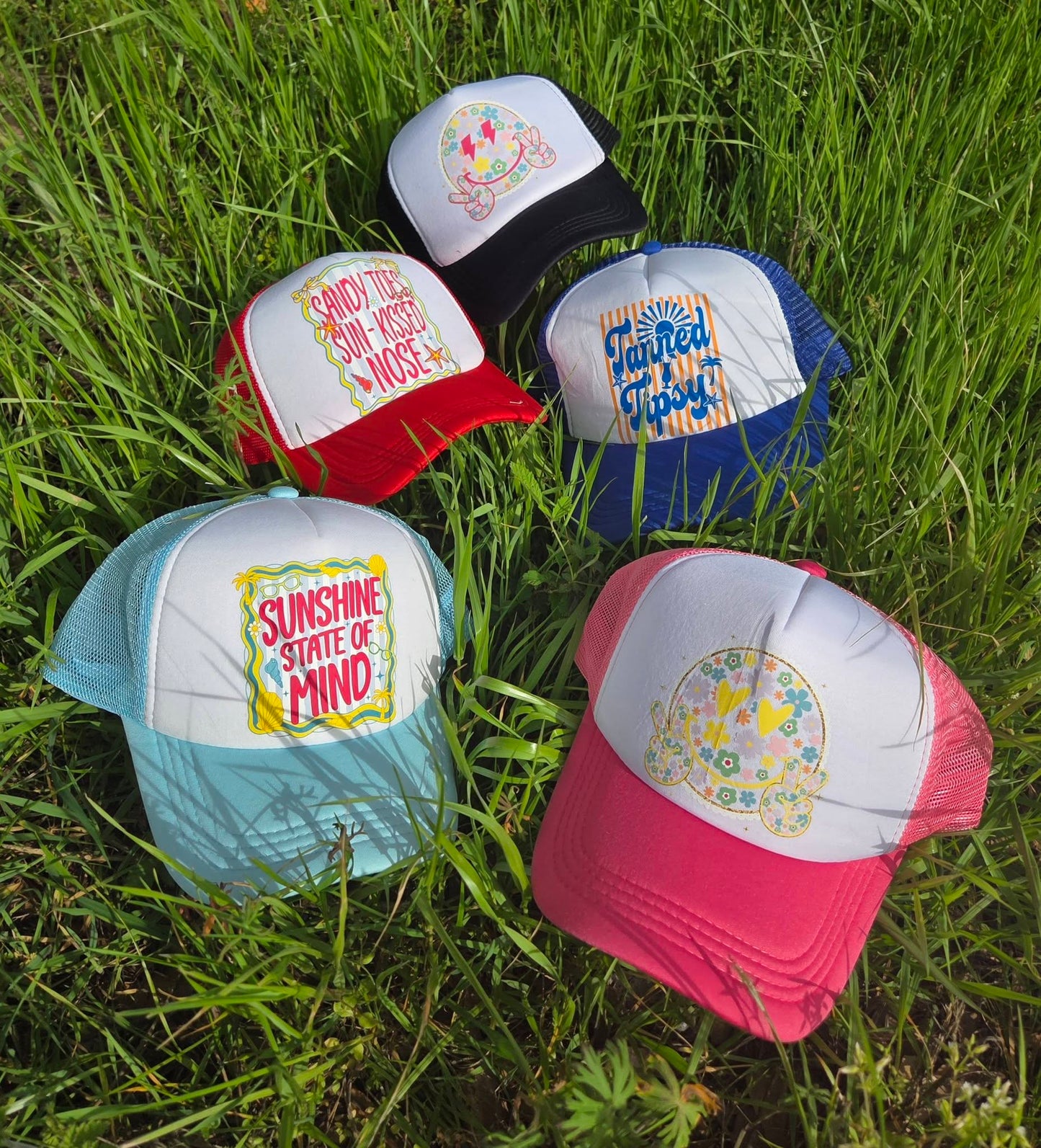 Colorful Sunny Days Trucker Hat with breathable mesh and adjustable snapback, perfect for summer outings
