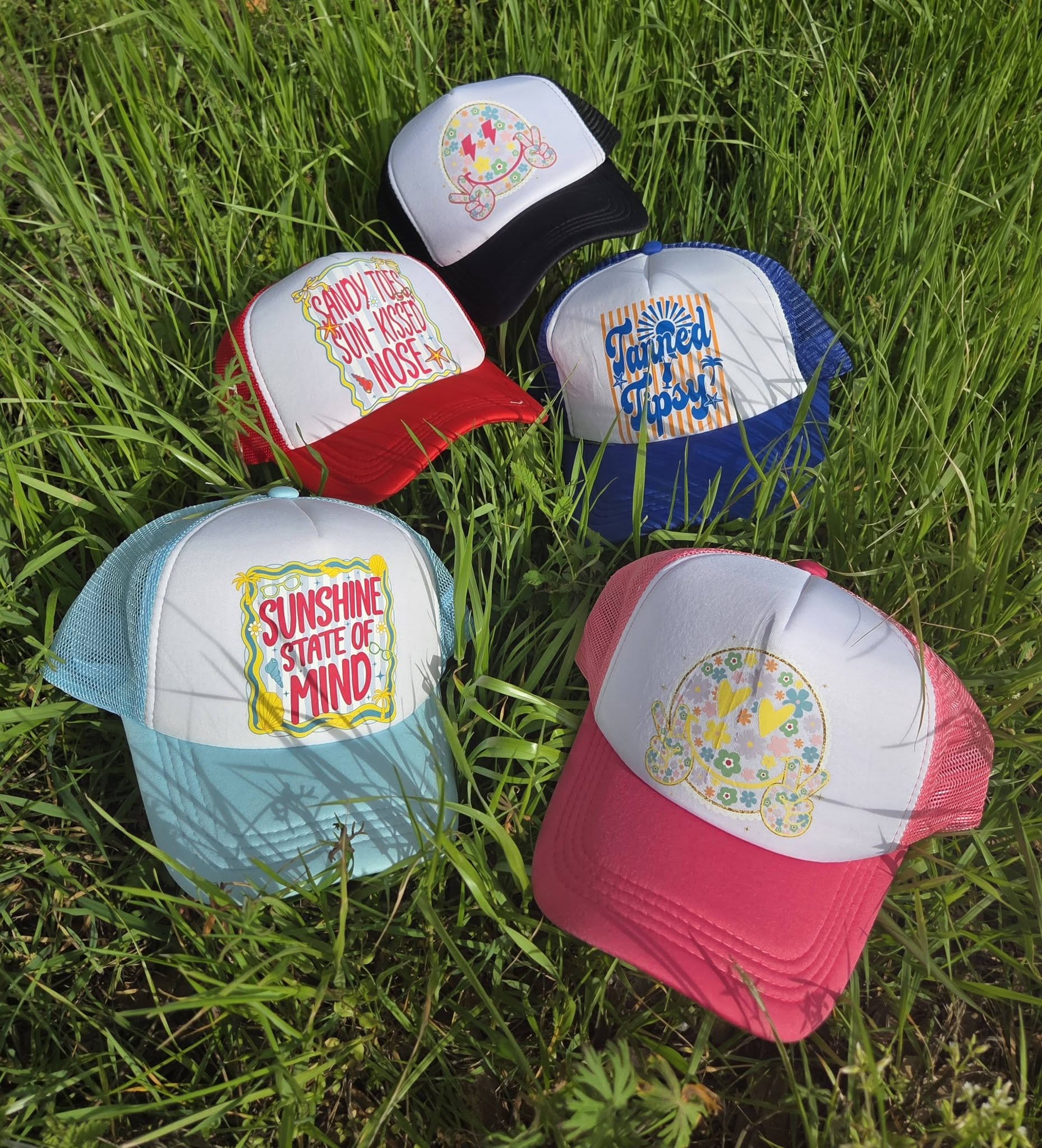 Colorful Sunny Days Trucker Hat with breathable mesh and adjustable snapback, perfect for summer outings