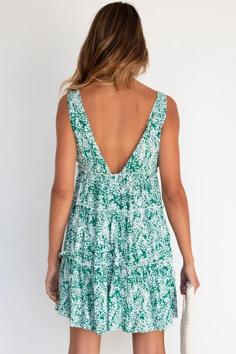 Evergreen Sleeveless Leaf Print V Neck Backless A Line Short Dress