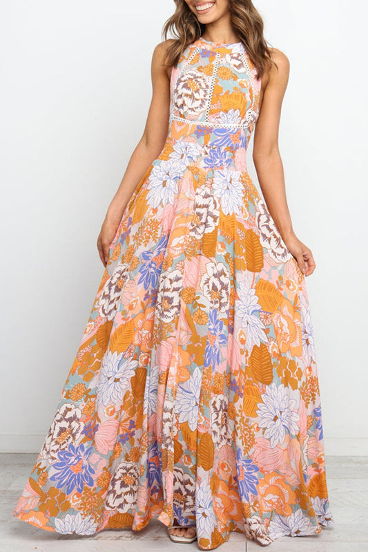 Orange Boho Floral Print Backless Lace-