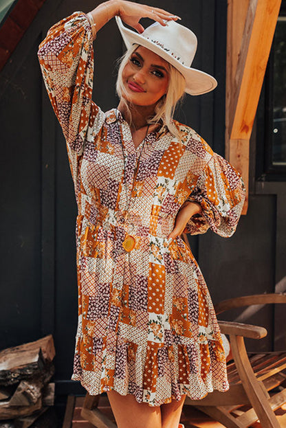 Orange Boho Floral Puff Sleeve Smocked Waist Mini Shirt Dress