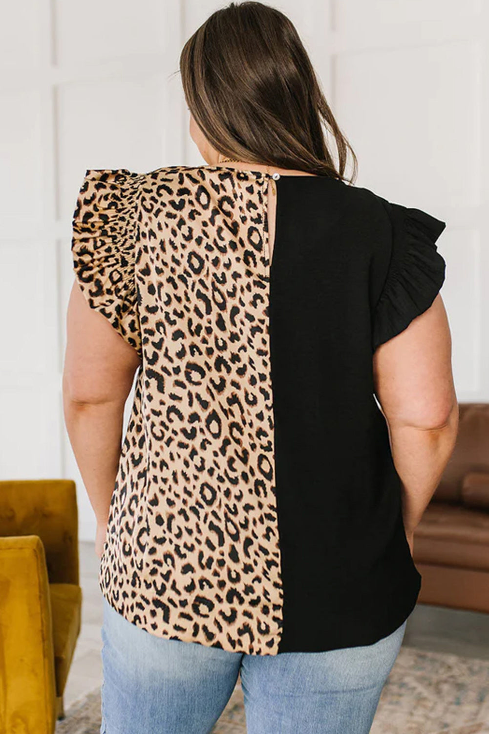 Black Leopard Contrast Plus Size Ruffle Sleeve Top