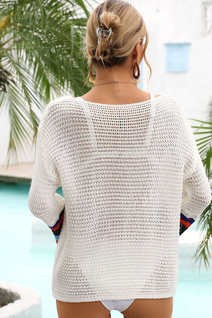White Loose Knitted Contrast Bell Sleeve Beach Cover Up