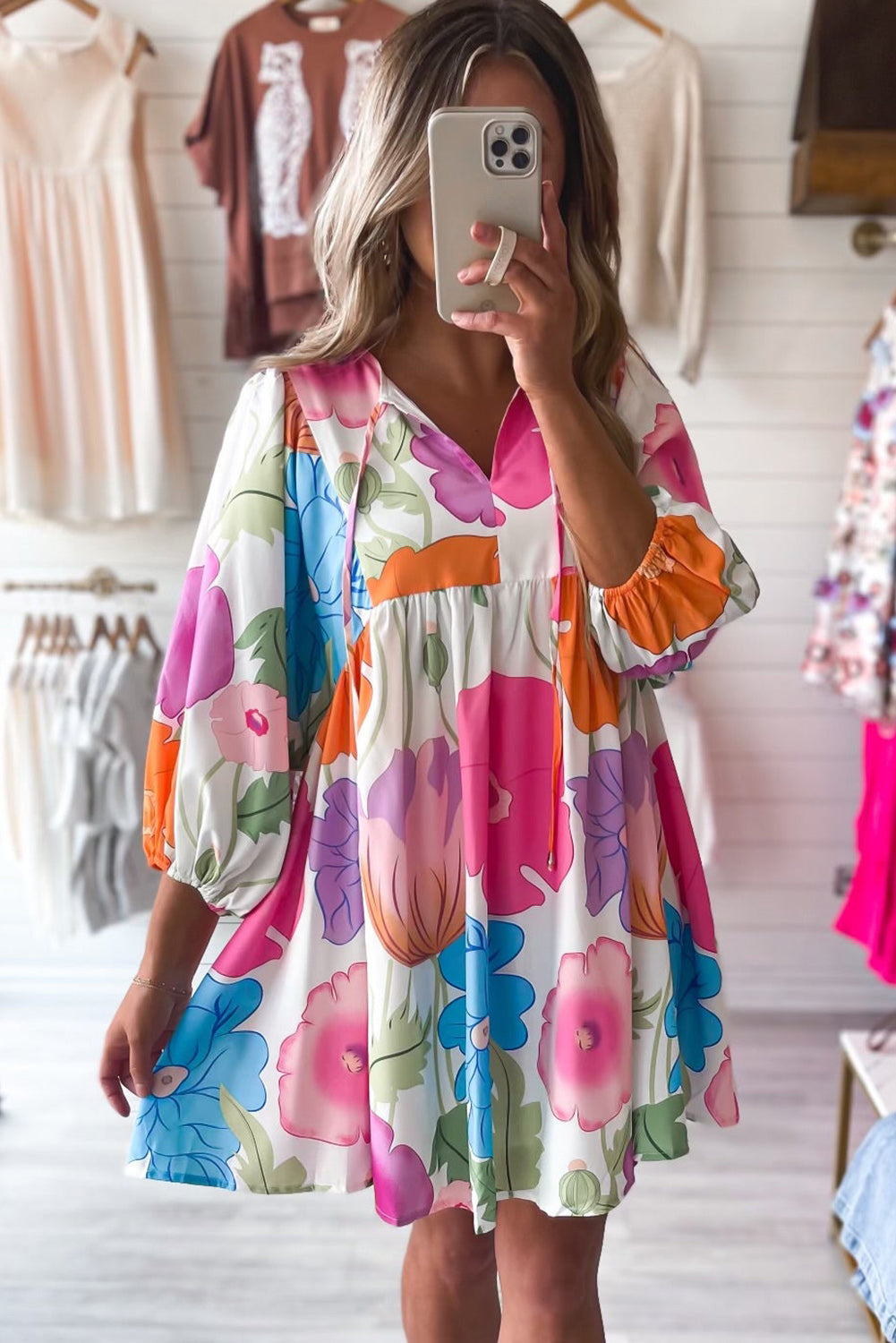 White Puff Sleeve Tied Split Neck Colorful Floral Flowy Dress