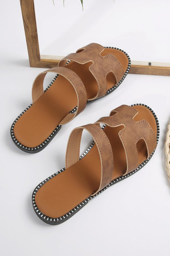 Brown Leather H Band Flat Slippers
