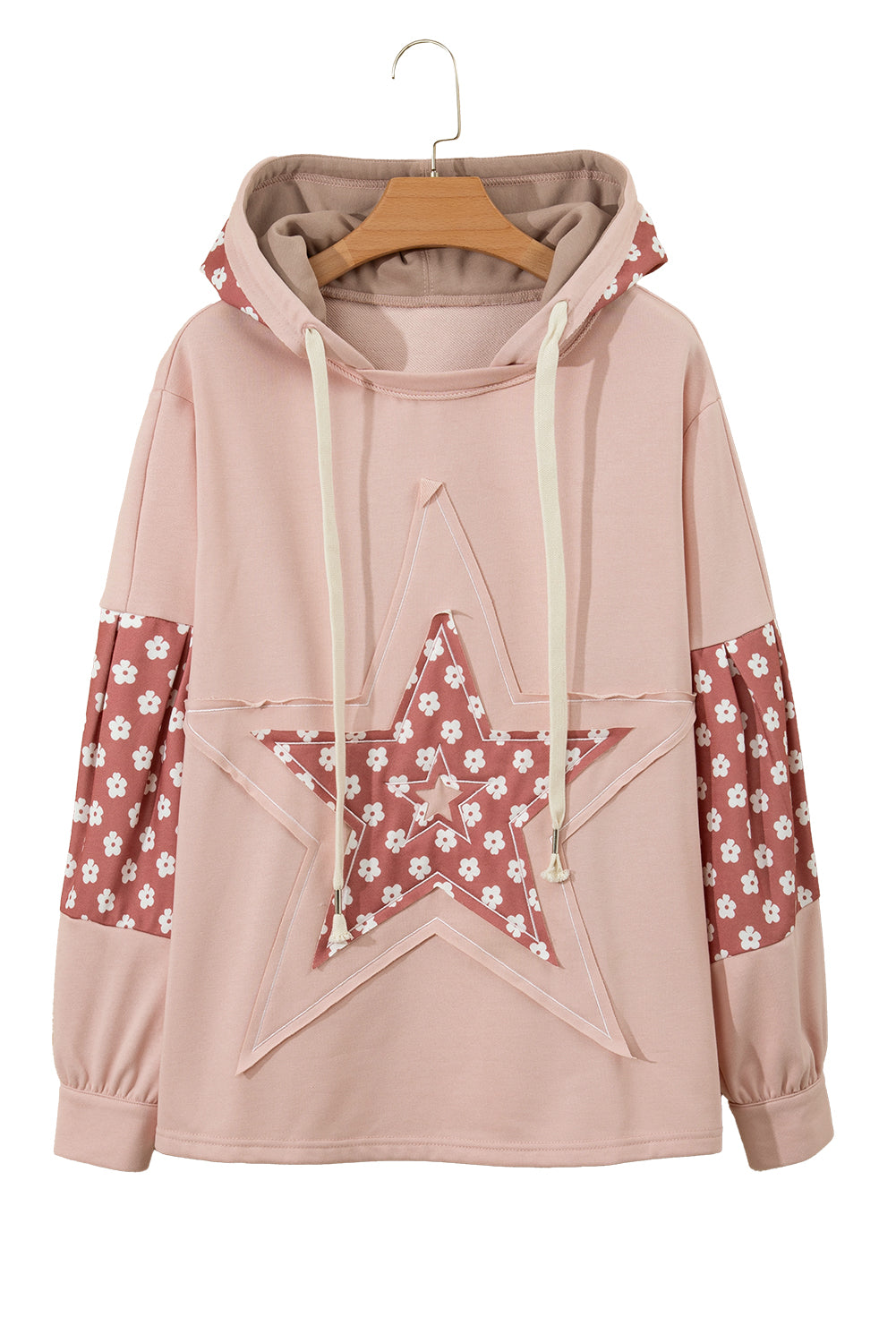 Beau Blue Floral Patchwork Star Pattern Drawstring Hoodie