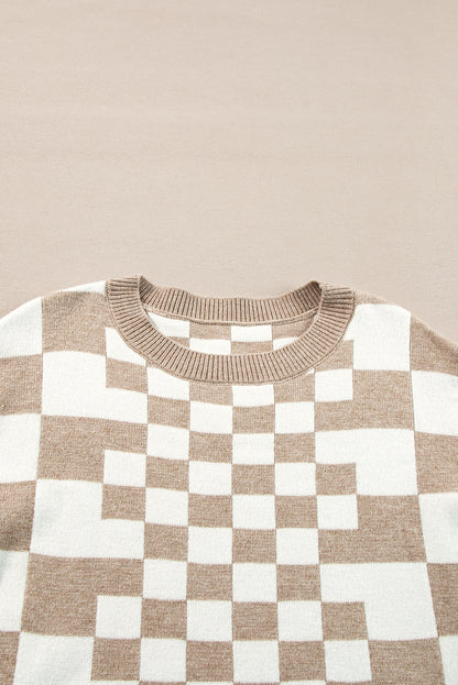 Khaki Checkered Drop Shoulder Round Neck Sweater