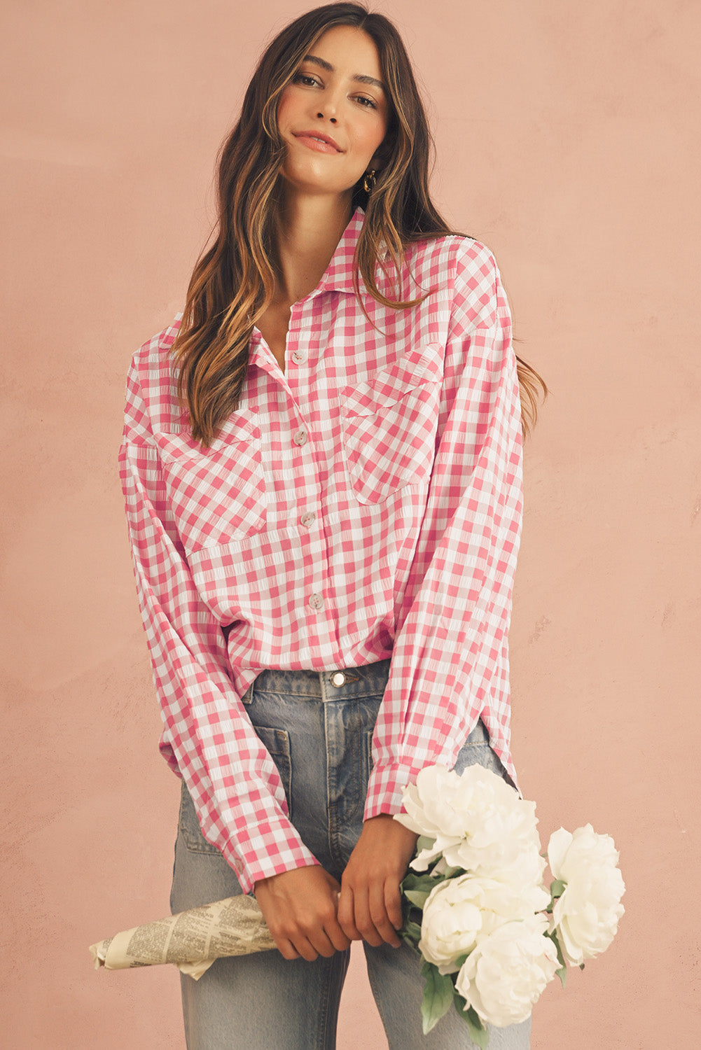 Pink Gingham Print Chest Pockets Buttoned Shirt