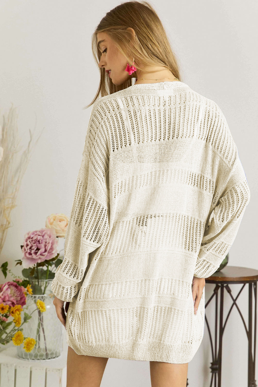 White Solid Color Open Front Knit Tunic Cardigan