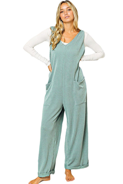 Dark Grey Green Pockets Oversized Ribbed Wide Leg Jumpsuit