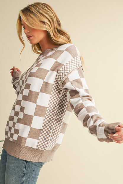 Khaki Checkered Drop Shoulder Round Neck Sweater