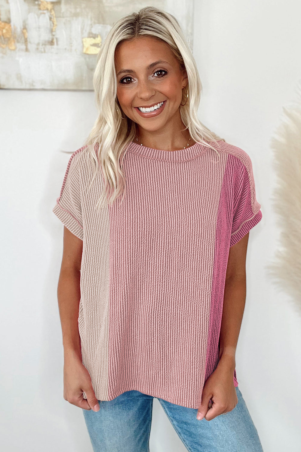 Apricot Pink Colorblock Ribbed Round Neck T Shirt