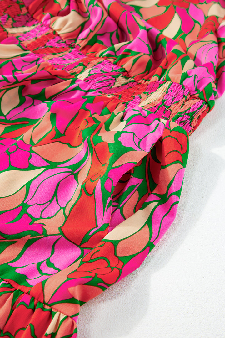 Pink Flounce Sleeve Smocked Waist Floral Maxi Dress
