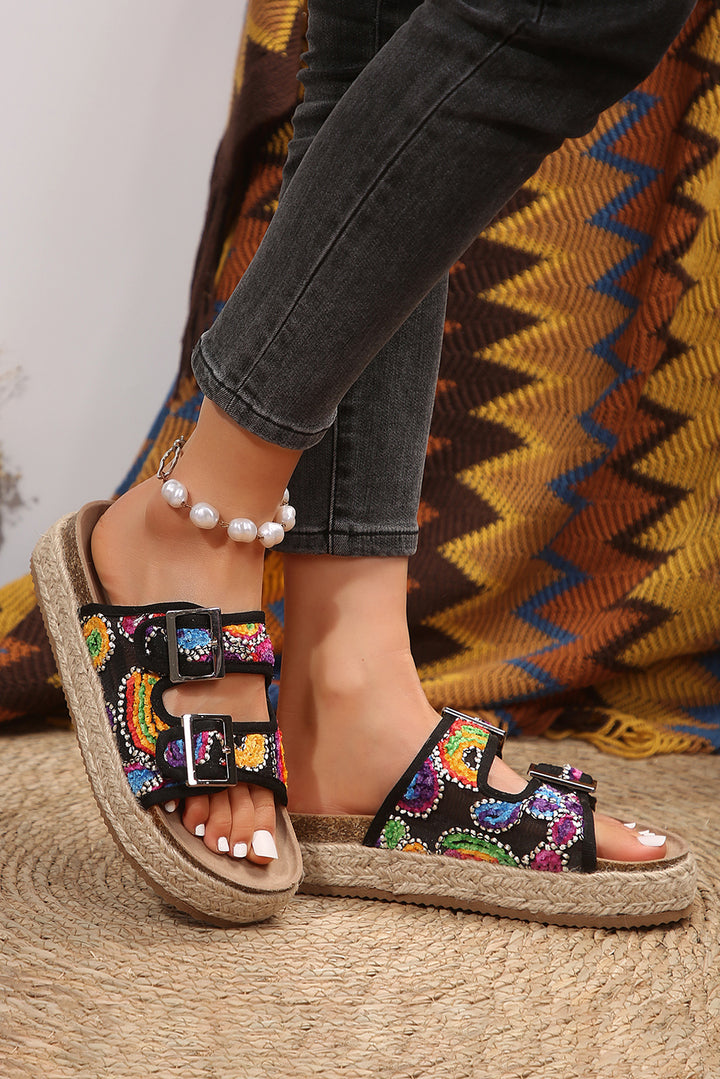 Black Sequin Paisley Print Double Buckle Slippers