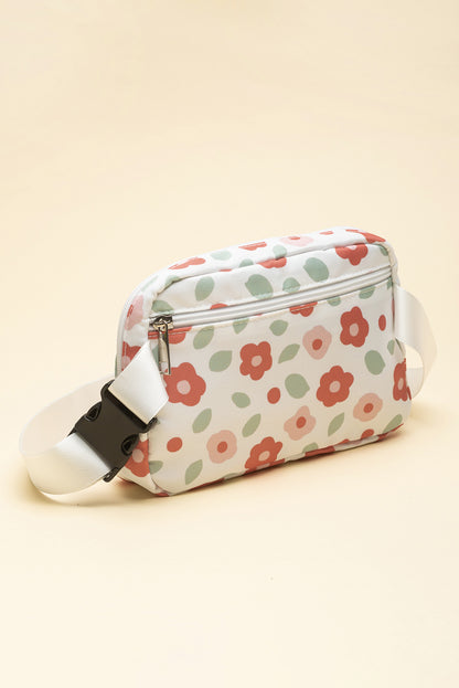 White 60s Vintage Flower Print Zip Up Crossbody Bag