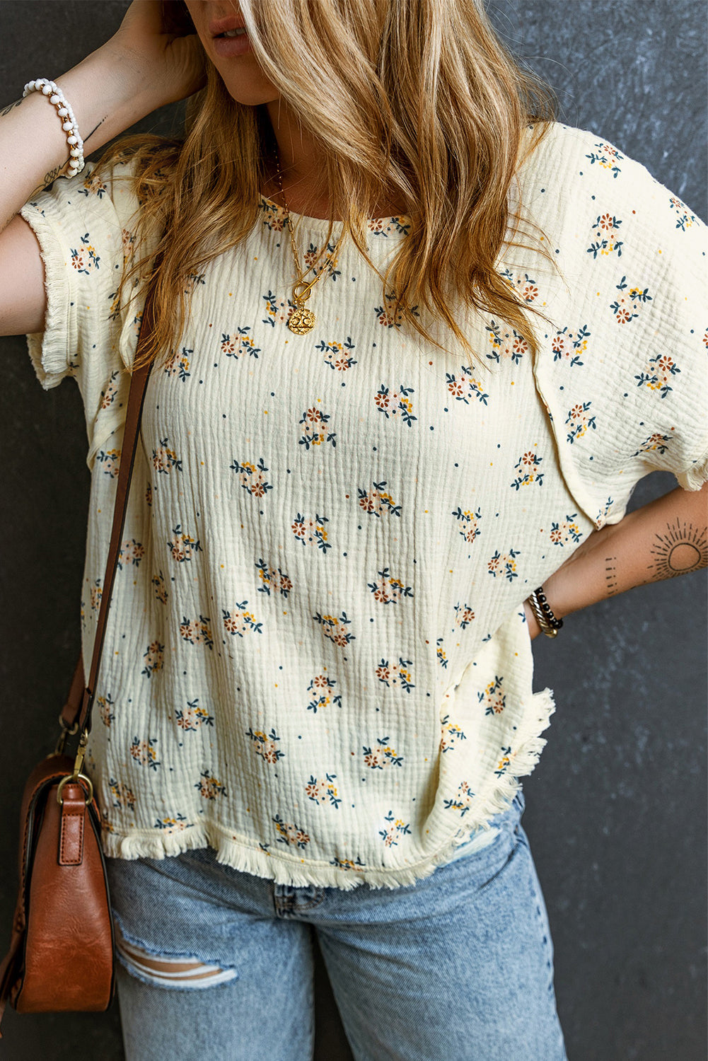 Beige Ditsy Floral Print Fringe Trim Crinkled Top