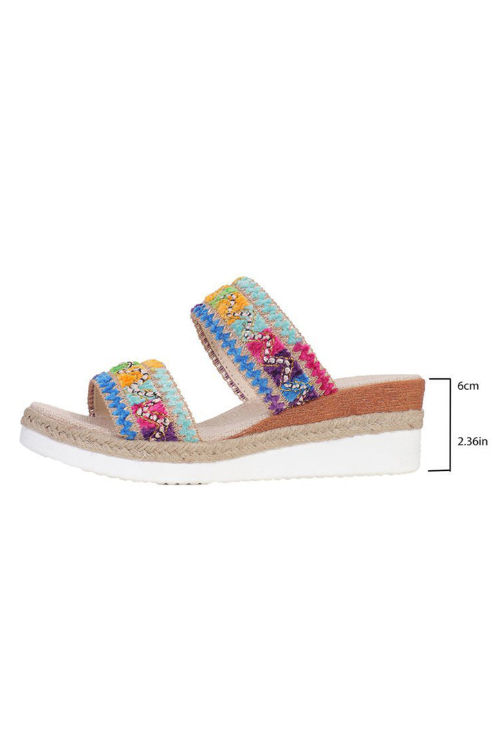 Multicolour Sequin Woven Wide Strap Wedge Slides Shoes