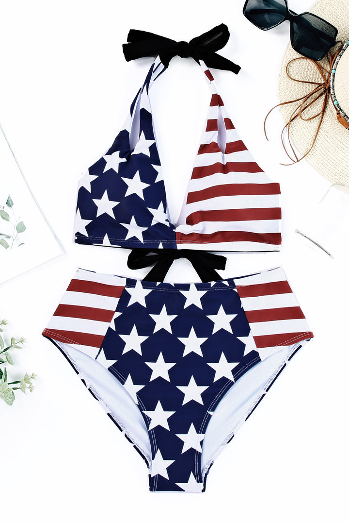 Stars & Stripes American Flag Pattern Patchwork Bikini Swimsuit