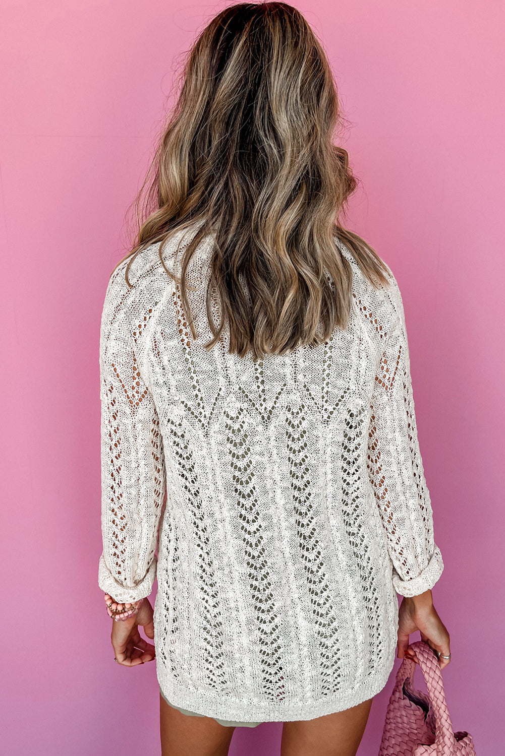 White Solid Color Hollow Knit Open Front Cardigan