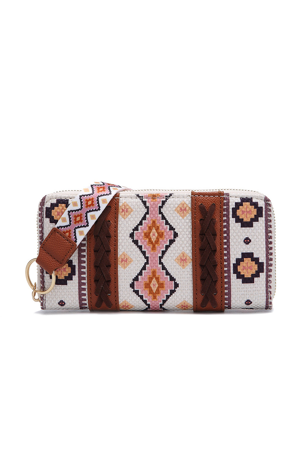 White Geometric Print PU Leather Wristlet Wallet