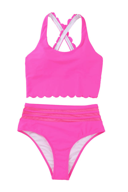 Pink Scalloped Sleeveless High Waisted Two Piece Swimsuit