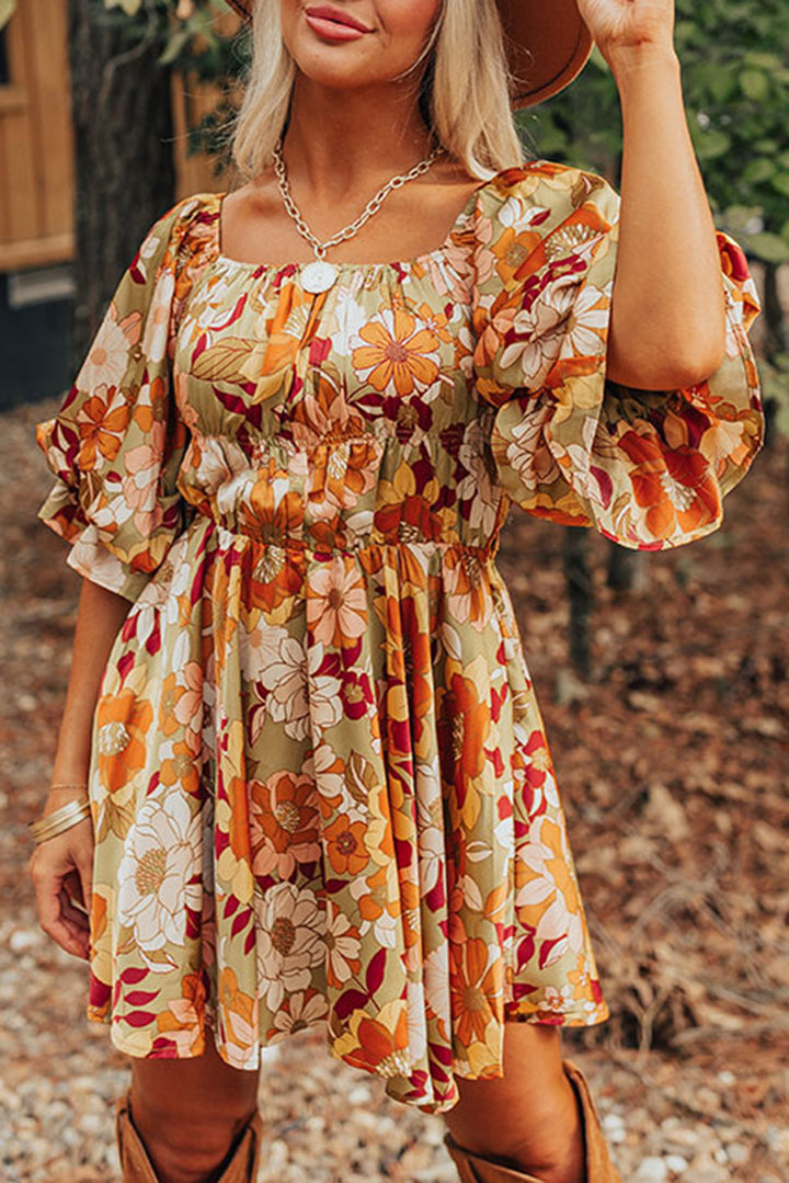 Multicolor Floral Printed Square Neck Half Sleeve Mini Dress