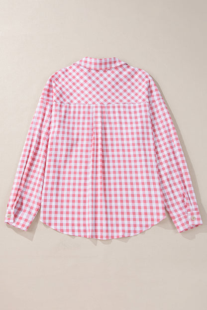 Pink Gingham Print Chest Pockets Buttoned Shirt