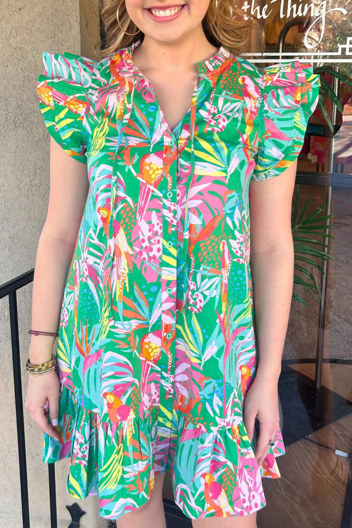 Wholesale Green Abstract Print Button Front Tie Split Neck Ruffle Dress