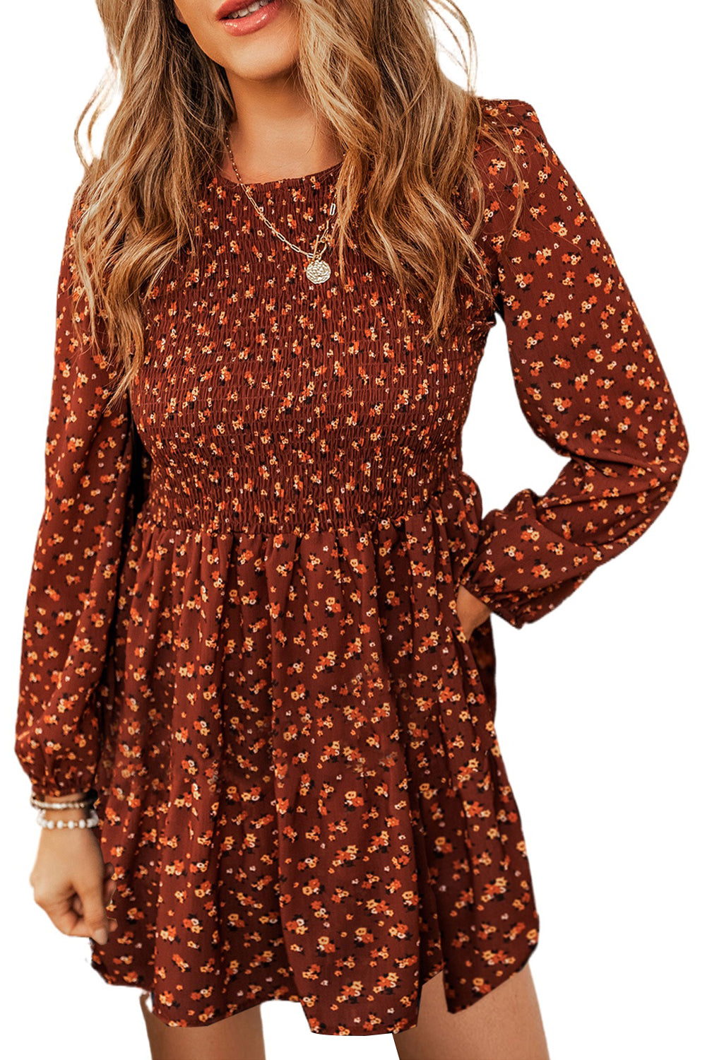 Brown Ditsy Floral Smocked Puff Sleeve Mini Dress