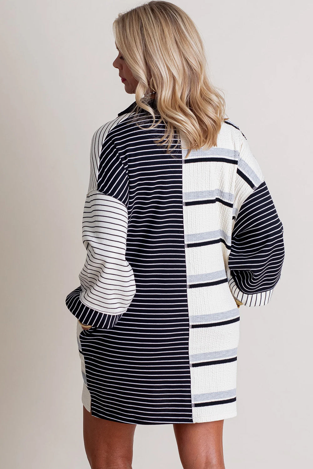 Black Stripe Colorblock Long Sleeve Collar Half Buttons Mini Dress