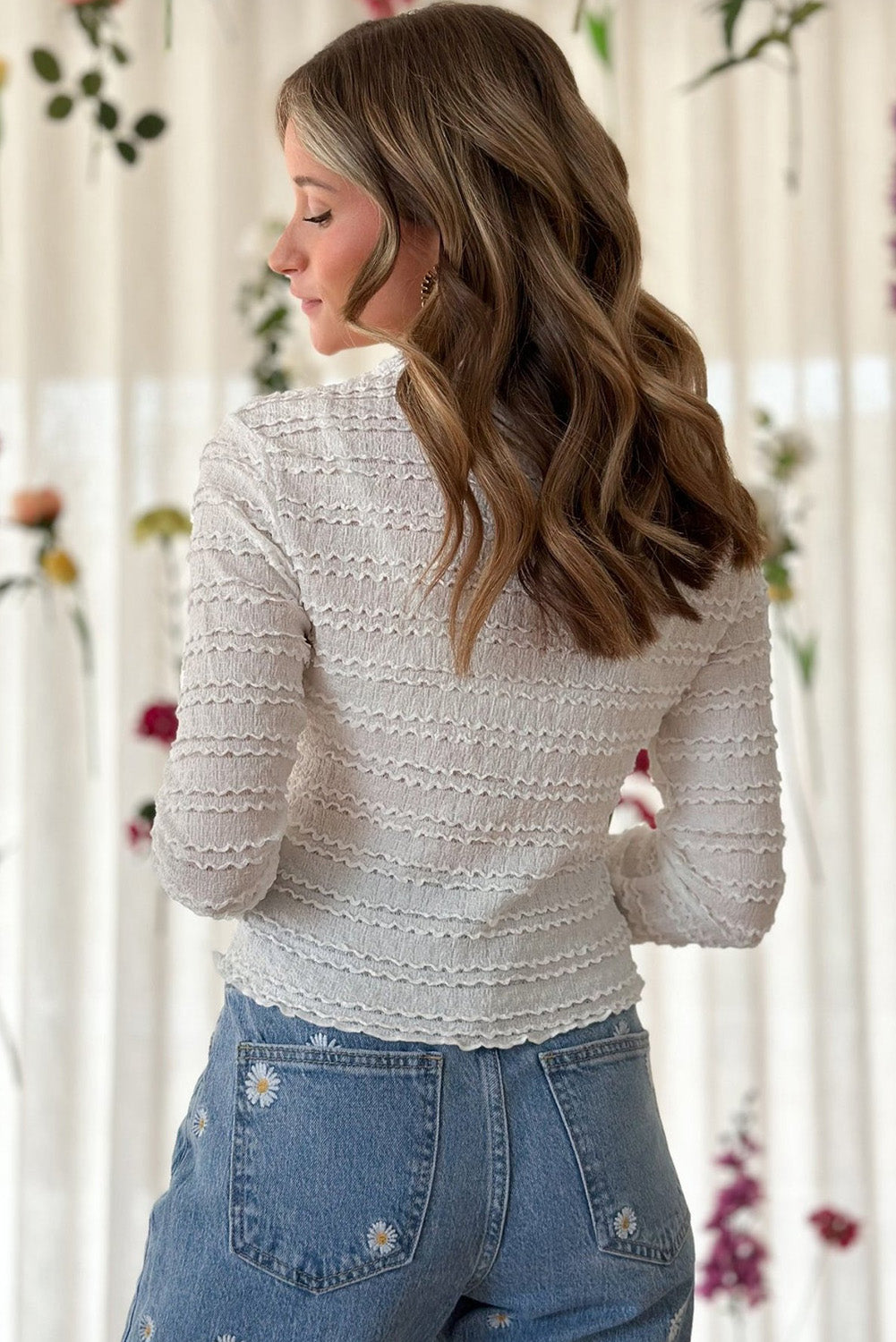 White Crinkle Jacquard Slim Fit Long Sleeve Top