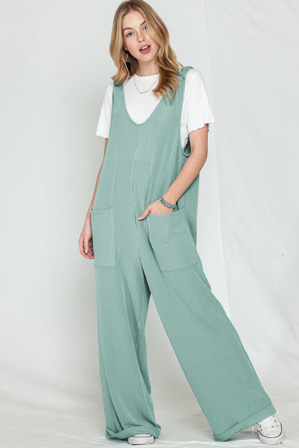 Dark Grey Green Pockets Oversized Ribbed Wide Leg Jumpsuit