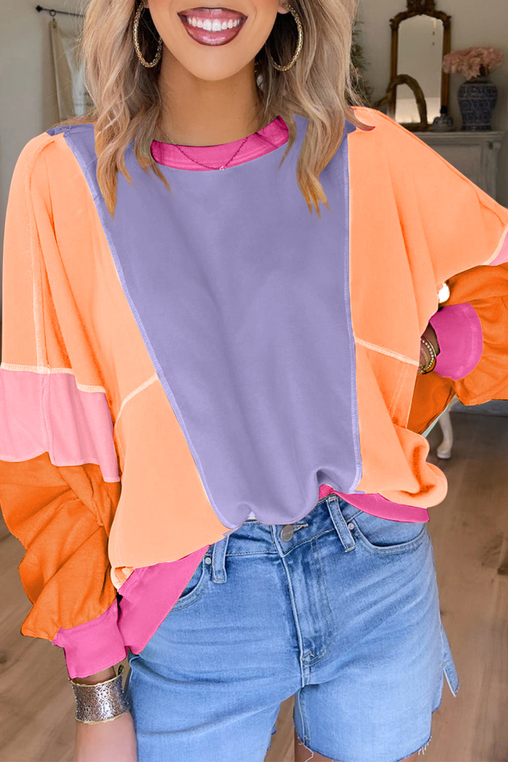 Orchid Petal Colorblock Patchwork Drop Shoulder Top