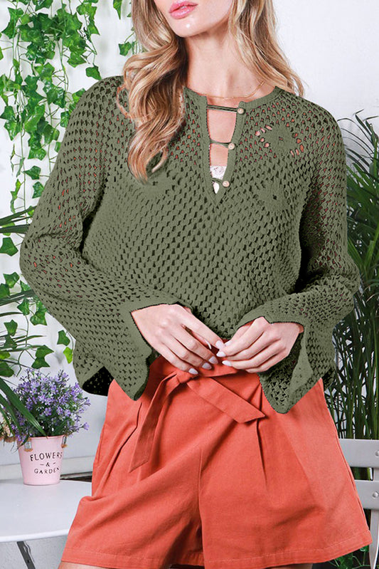 Vineyard Green Buttoned V Neck Split Sleeve Knit Top