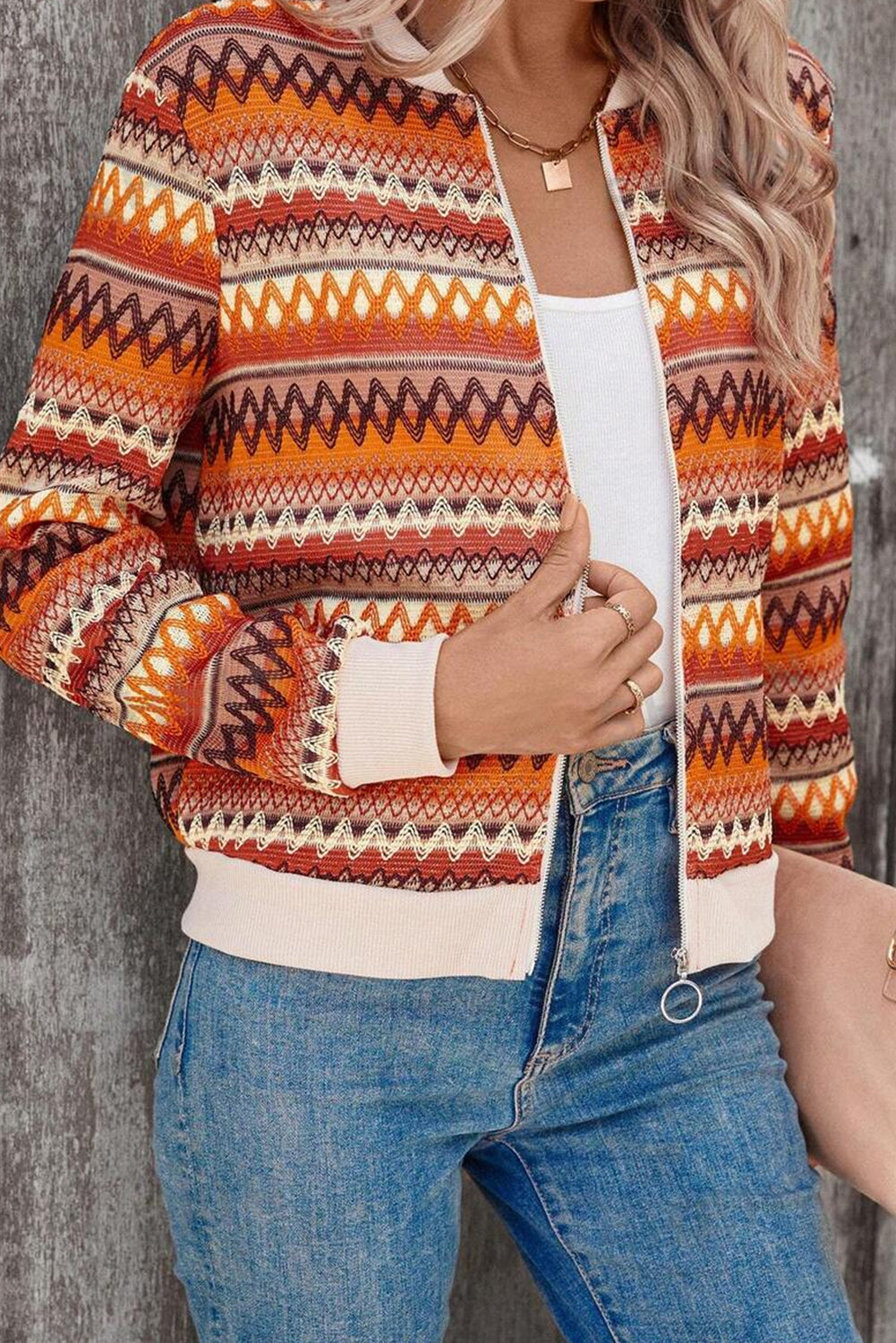 Orange Boho Striped Zip-Up Long Sleeve Jacket