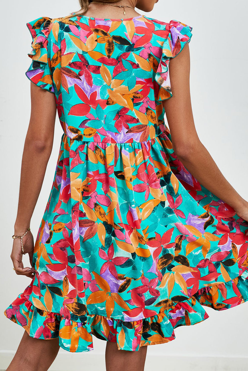 Green Leaf Print V Neck Fly Sleeve Midi Dress