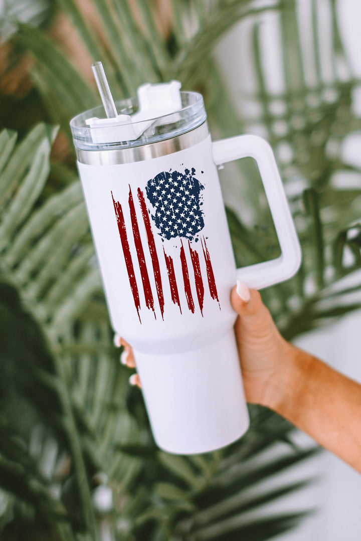 White American Flag Print Stainless Steel Portable Tumbler Mug with Straw