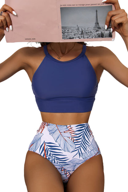 Tropical Print Back Split Color Block High Waisted Swimsuit