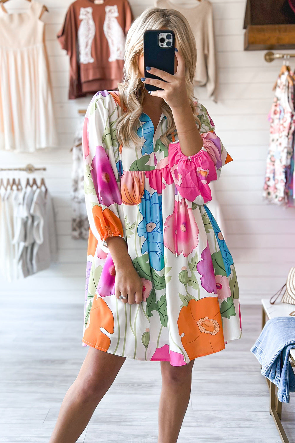 White Puff Sleeve Tied Split Neck Colorful Floral Flowy Dress
