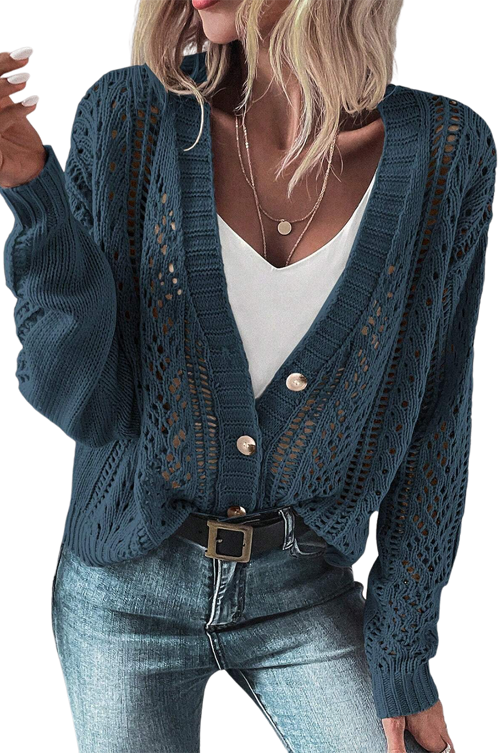 Dark Khaki Hollow Knit Drop Shoulder Cardigan