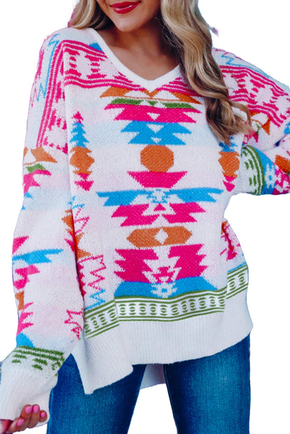 White Oversized Geometric Print High Low V Neck Sweater